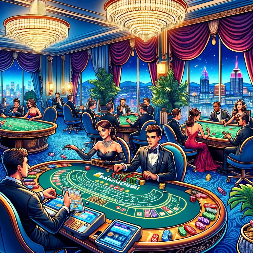 Here's the cartoon illustrating a luxury VIP casino room scene sponsored by 'BankoEvi'. The setting features elite players in formal evening wear, engaging in high-stakes gambling in an opulently decorated room with plush velvet curtains and crystal chandeliers, capturing the exclusive and sophisticated atmosphere of high roller gambling.